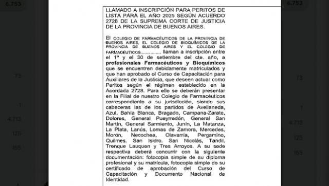 LLAMADO A INSCRIPCIÓN PARA PERITOS DE LISTA PARA EL AÑO 2025 SEGÚN ACUERDO 2728 DE LA SUPREMA CORTE DE JUSTICIA DE LA PROVINCIA DE BUENOS AIRES